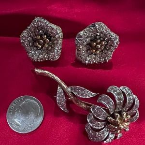 Broach & Earrings Rhinestones w gold centers